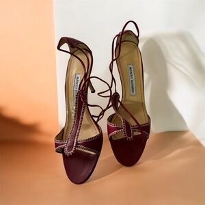 Manolo Blahnik Wine Red Lace-Up Leather Heels